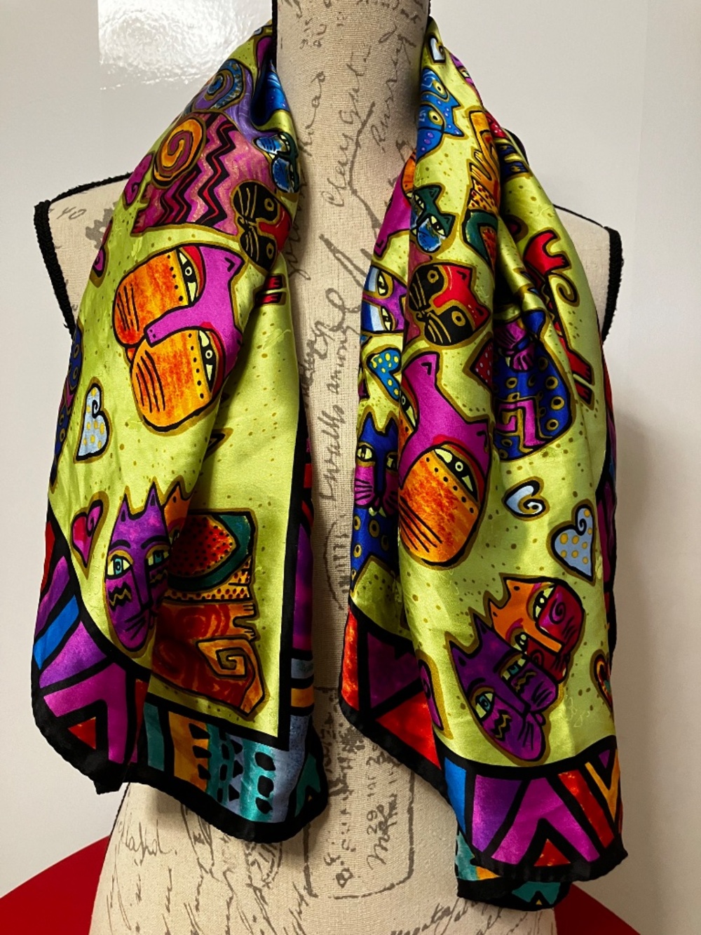 Bright Laurel Burch ‘Cats’ Silk Scarf Multi Jewel Tones